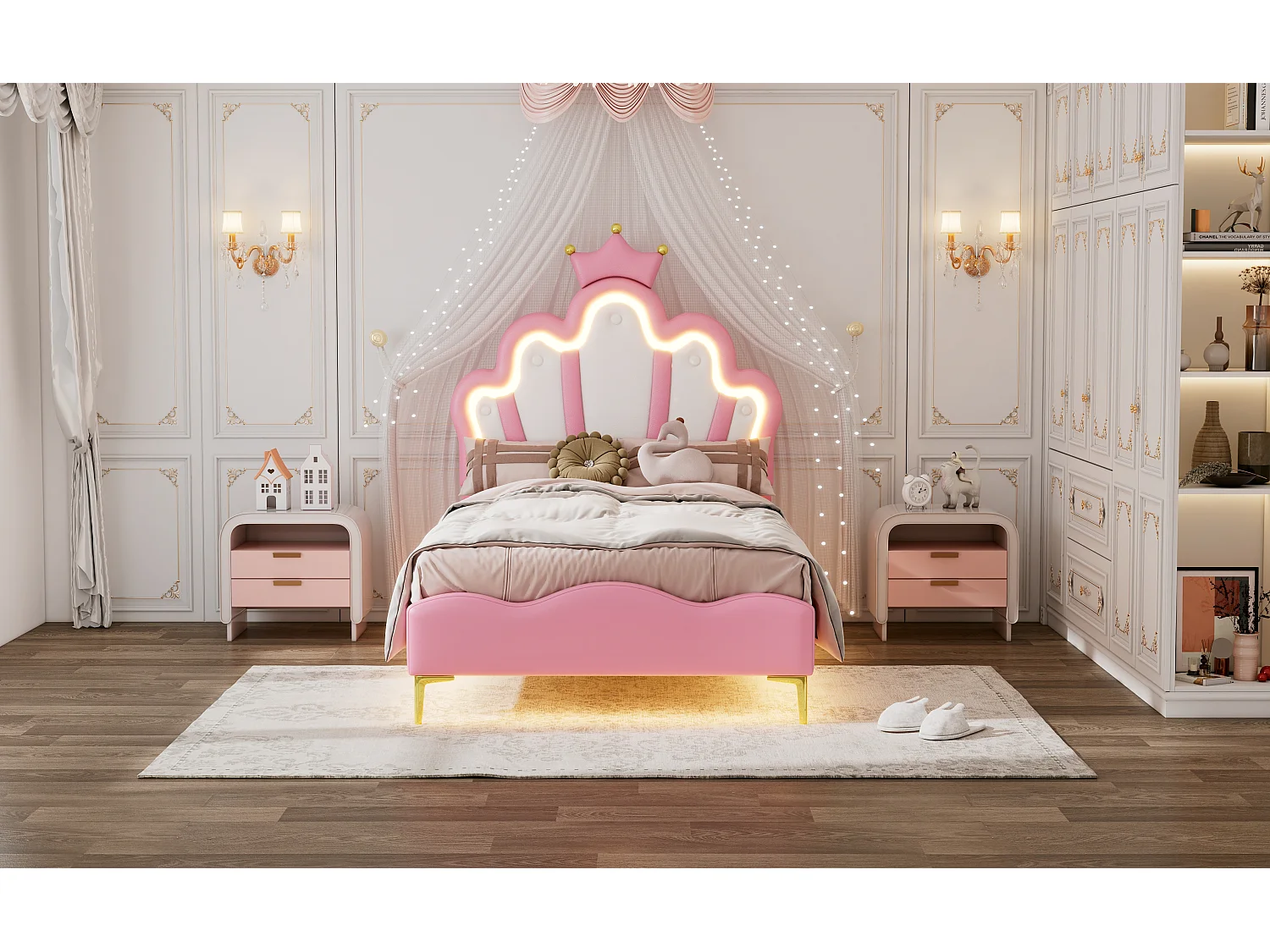 Lit princesse 90x200 cm rose, tête de lit couronne, rembourrage doux en cuir PU, bande lumineuse LED ajustable