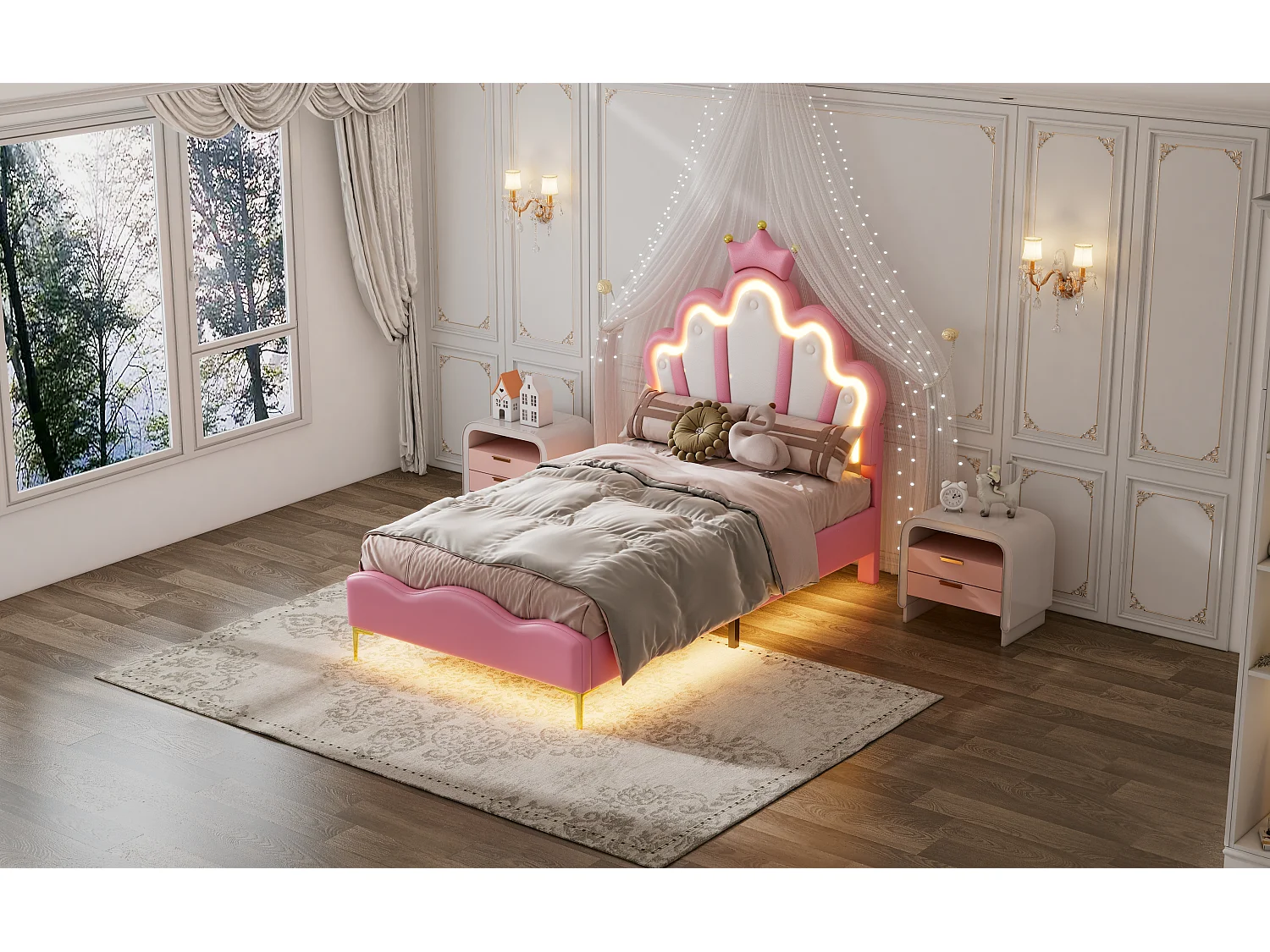 Lit princesse 90x200 cm rose, tête de lit couronne, rembourrage doux en cuir PU, bande lumineuse LED ajustable
