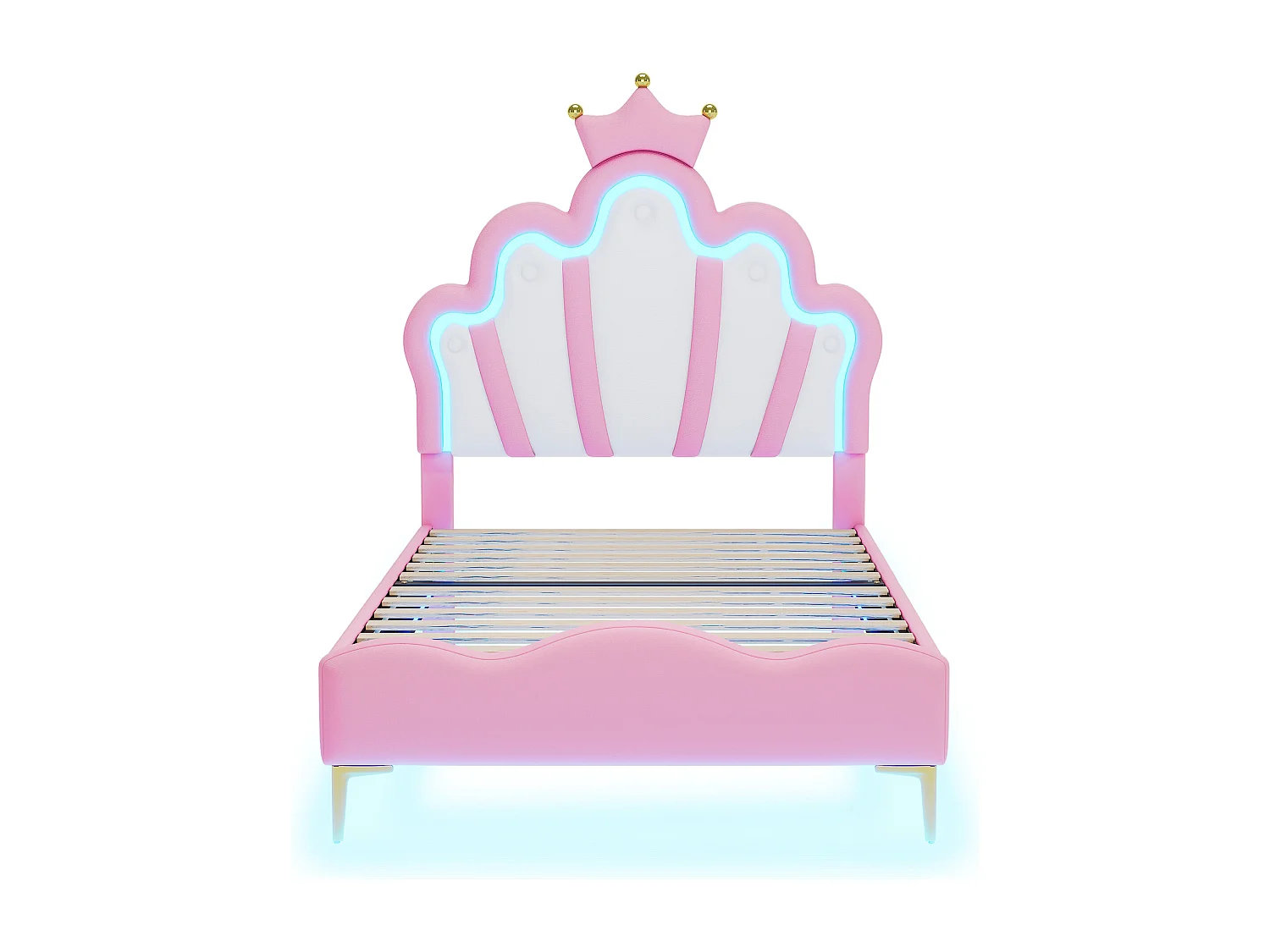 Lit princesse 90x200 cm rose, tête de lit couronne, rembourrage doux en cuir PU, bande lumineuse LED ajustable