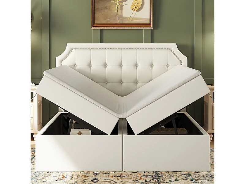 Lit capitonné 140x200 cm blanc avec cadre en métal, grand rangement sous le lit, ouverture double pratique