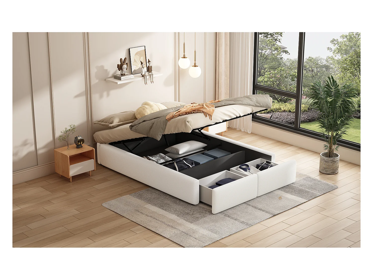 Lit double 140x200 cm, lit rembourré plateforme sans tête de lit, avec rangement hydraulique et 2 tiroirs, Blanc