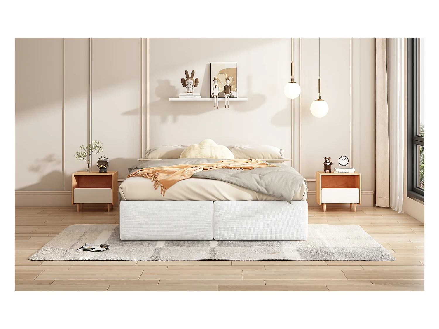 Lit double 140x200 cm, lit rembourré plateforme sans tête de lit, avec rangement hydraulique et 2 tiroirs, Blanc