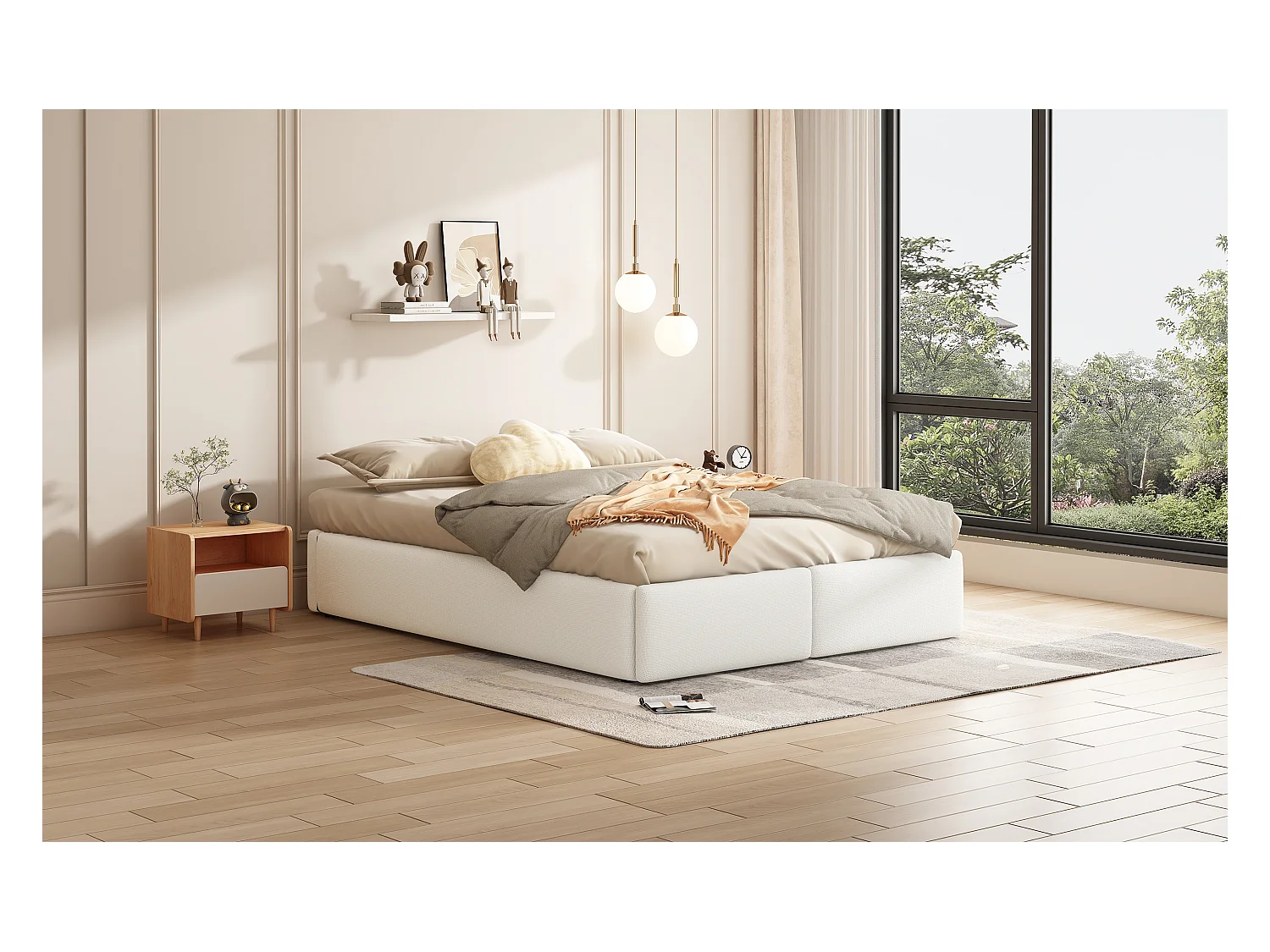 Lit double 140x200 cm, lit rembourré plateforme sans tête de lit, avec rangement hydraulique et 2 tiroirs, Blanc