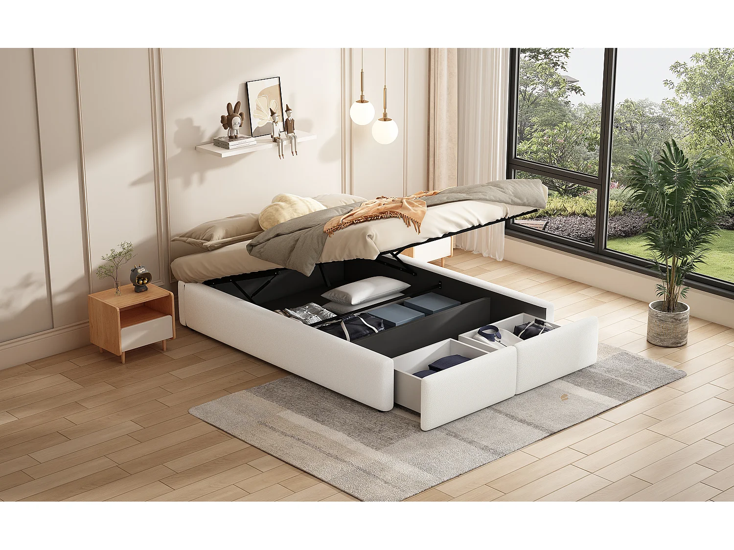 Lit double 140x200 cm, lit rembourré plateforme sans tête de lit, avec rangement hydraulique et 2 tiroirs, Blanc