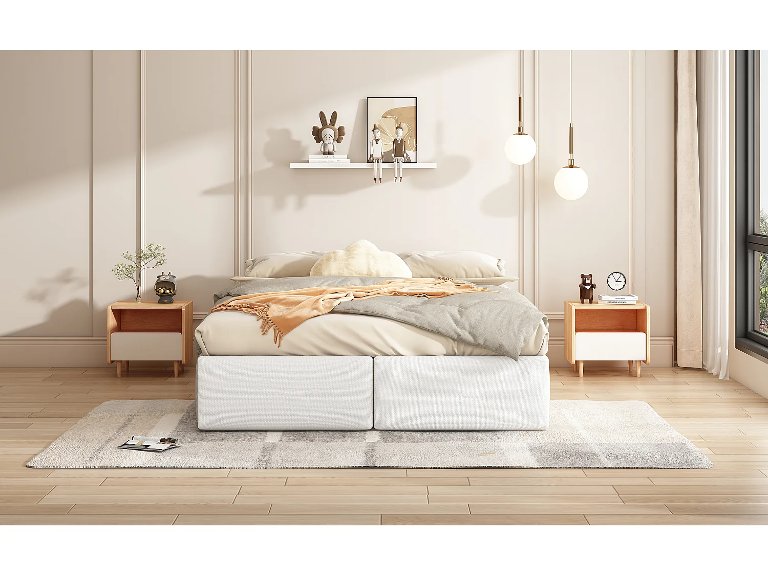 Lit double 140x200 cm, lit rembourré plateforme sans tête de lit, avec rangement hydraulique et 2 tiroirs, Blanc