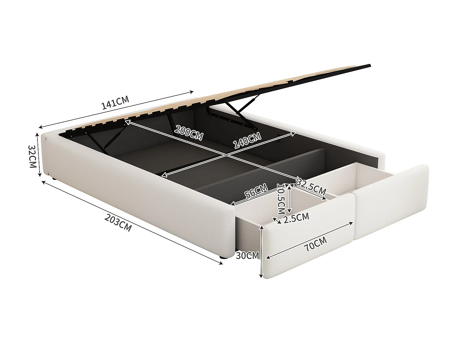 Lit double 140x200 cm, lit rembourré plateforme sans tête de lit, avec rangement hydraulique et 2 tiroirs, Blanc