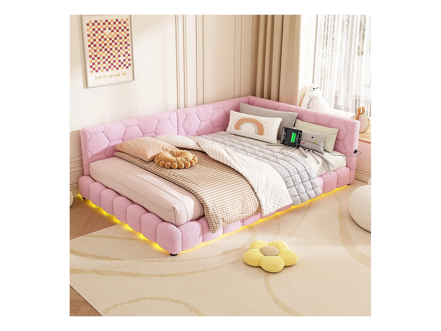 Lit banquette 140x200 cm rose avec sommier, lumière LED multicolore, ports USB et Type-C intégrés