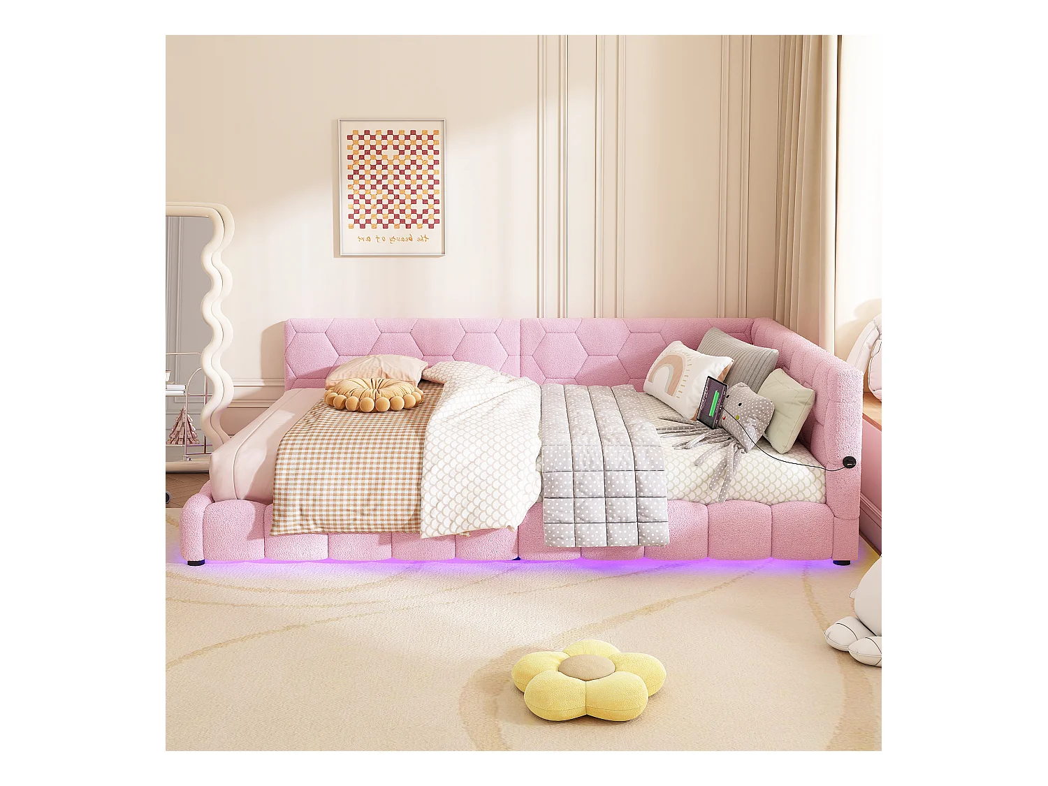 Lit banquette 140x200 cm rose avec sommier, lumière LED multicolore, ports USB et Type-C intégrés