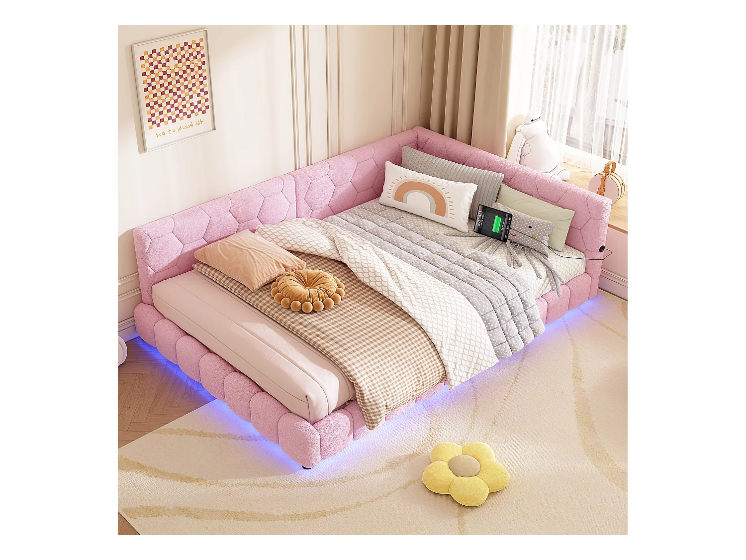 Lit banquette 140x200 cm rose avec sommier, lumière LED multicolore, ports USB et Type-C intégrés
