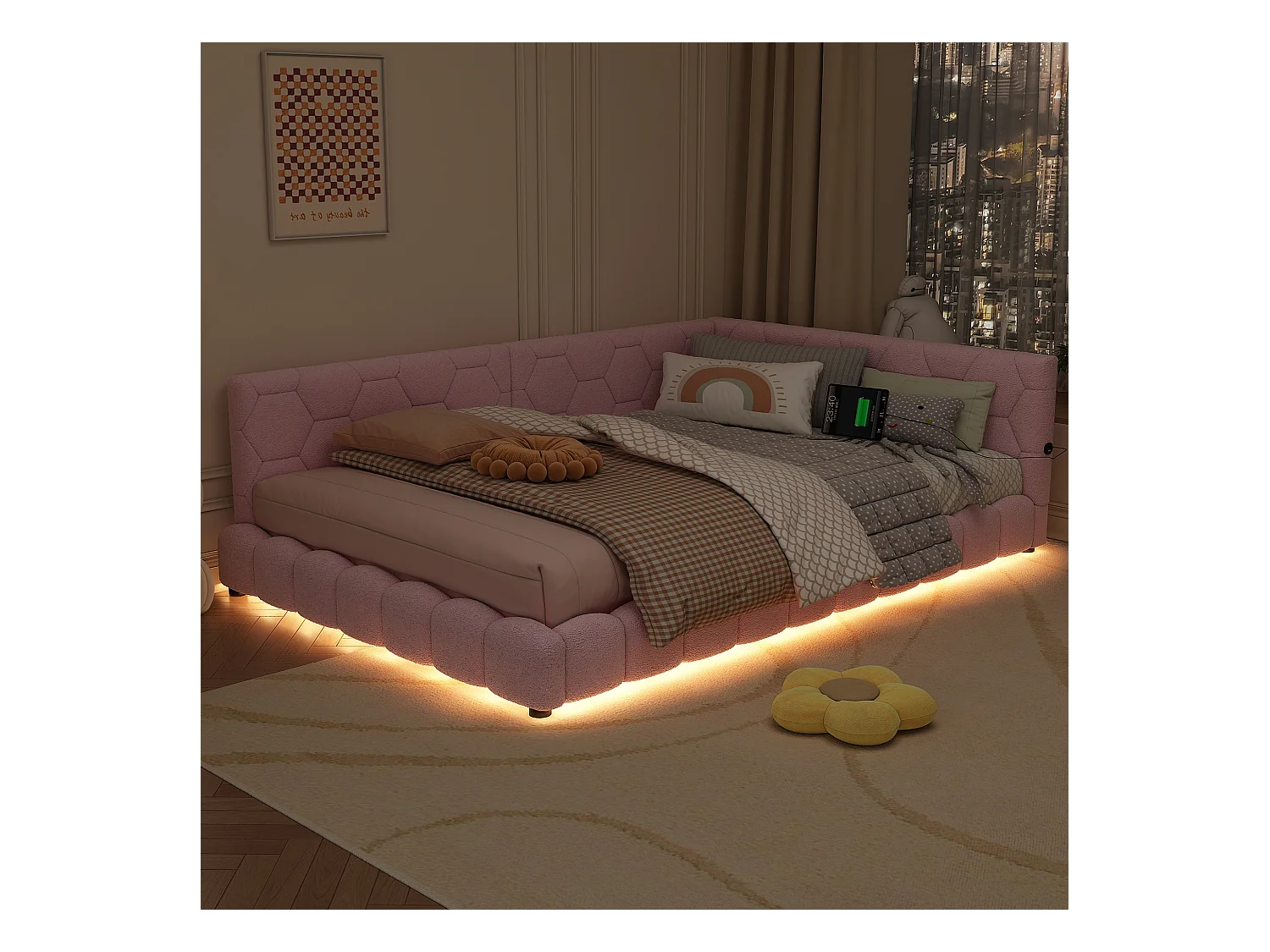 Lit banquette 140x200 cm rose avec sommier, lumière LED multicolore, ports USB et Type-C intégrés