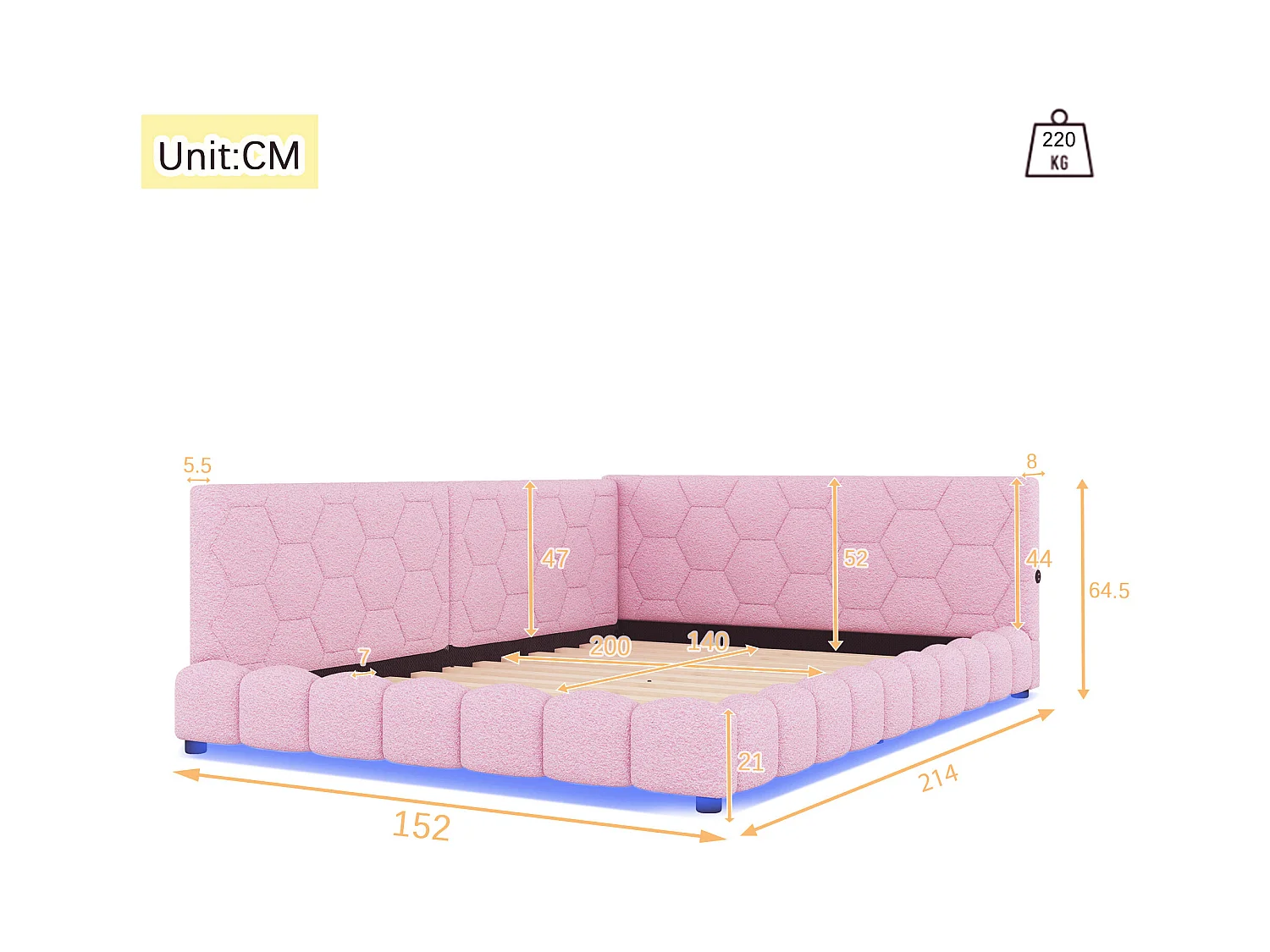 Lit banquette 140x200 cm rose avec sommier, lumière LED multicolore, ports USB et Type-C intégrés