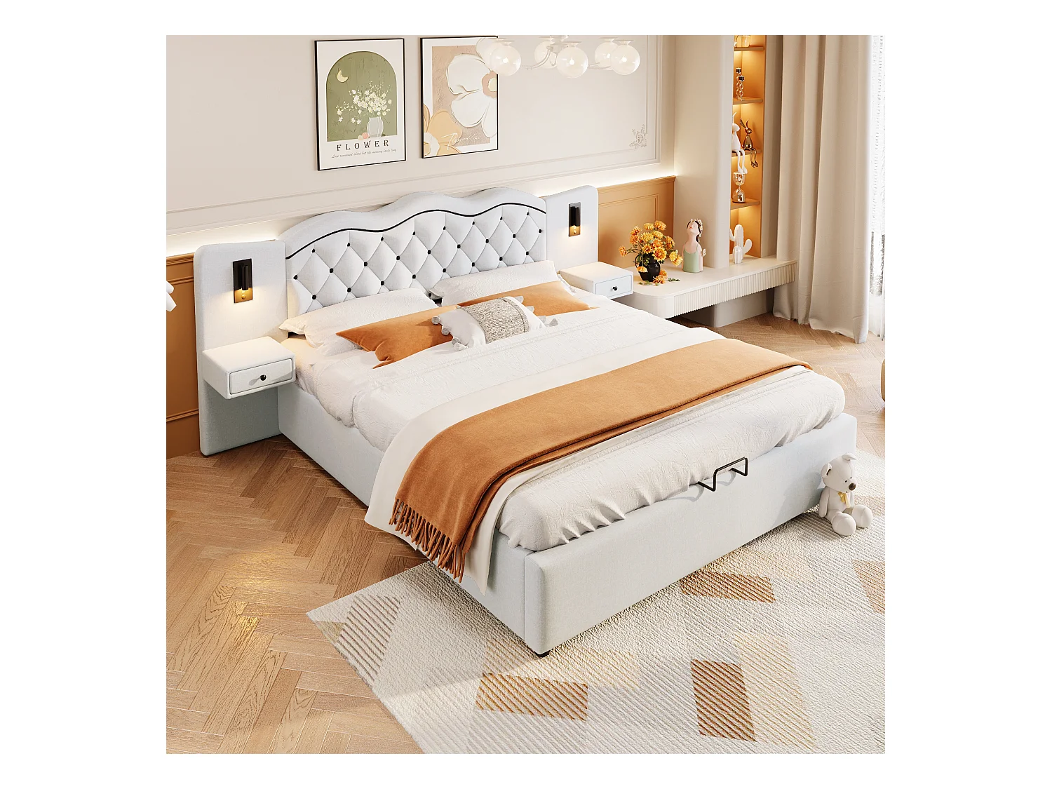 Lit capitonné 180x200 cm beige avec tête intégrée, levage hydraulique, ports USB, lampes et grand coffre