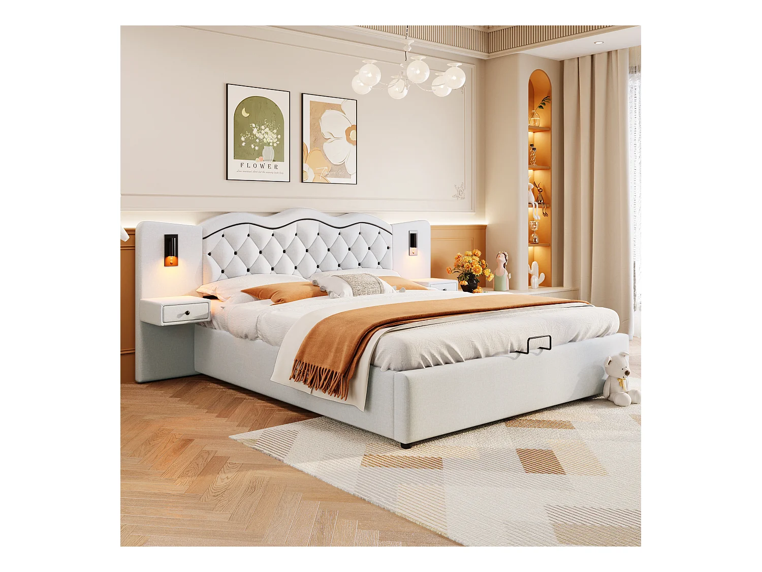 Lit capitonné 180x200 cm beige avec tête intégrée, levage hydraulique, ports USB, lampes et grand coffre