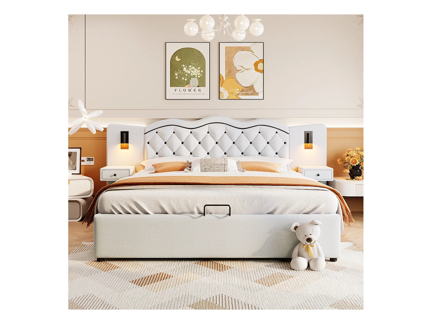 Lit capitonné 180x200 cm beige avec tête intégrée, levage hydraulique, ports USB, lampes et grand coffre