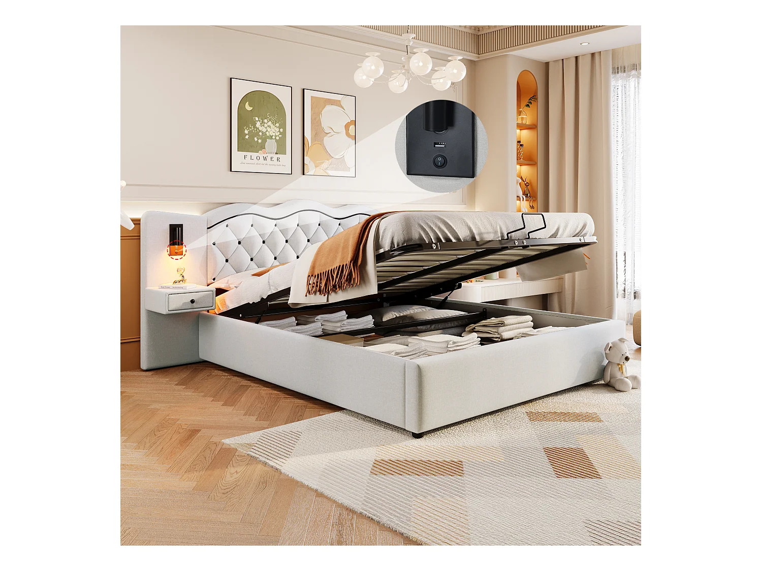 Lit capitonné 180x200 cm beige avec tête intégrée, levage hydraulique, ports USB, lampes et grand coffre