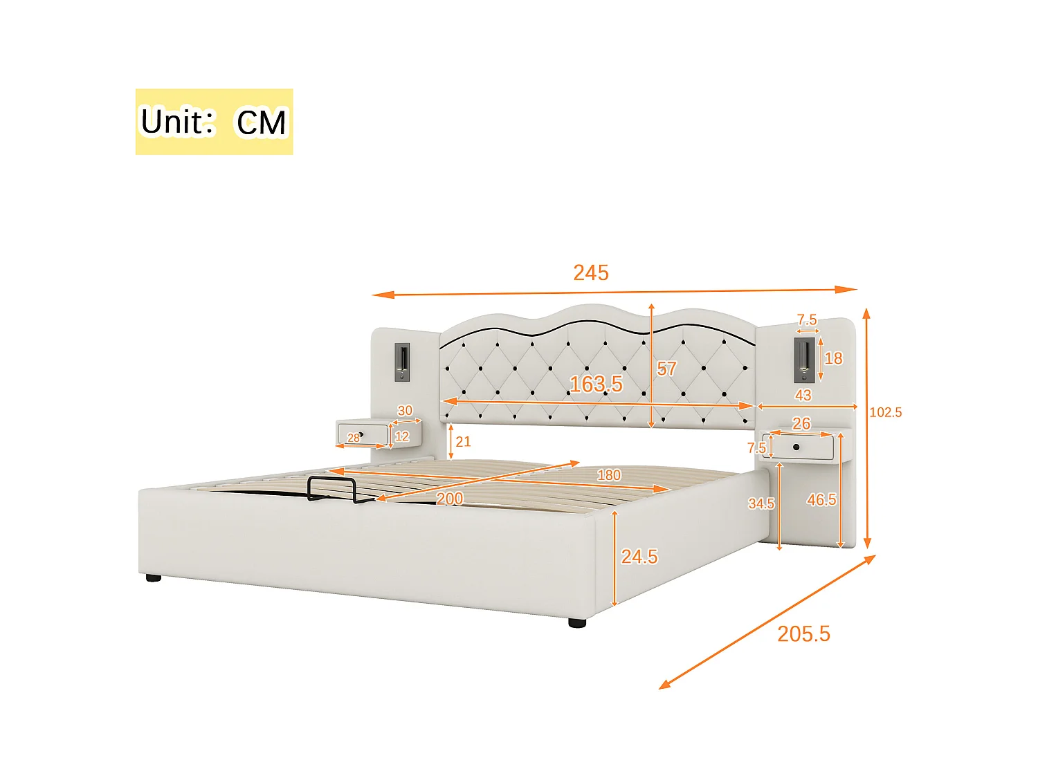 Lit capitonné 180x200 cm beige avec tête intégrée, levage hydraulique, ports USB, lampes et grand coffre