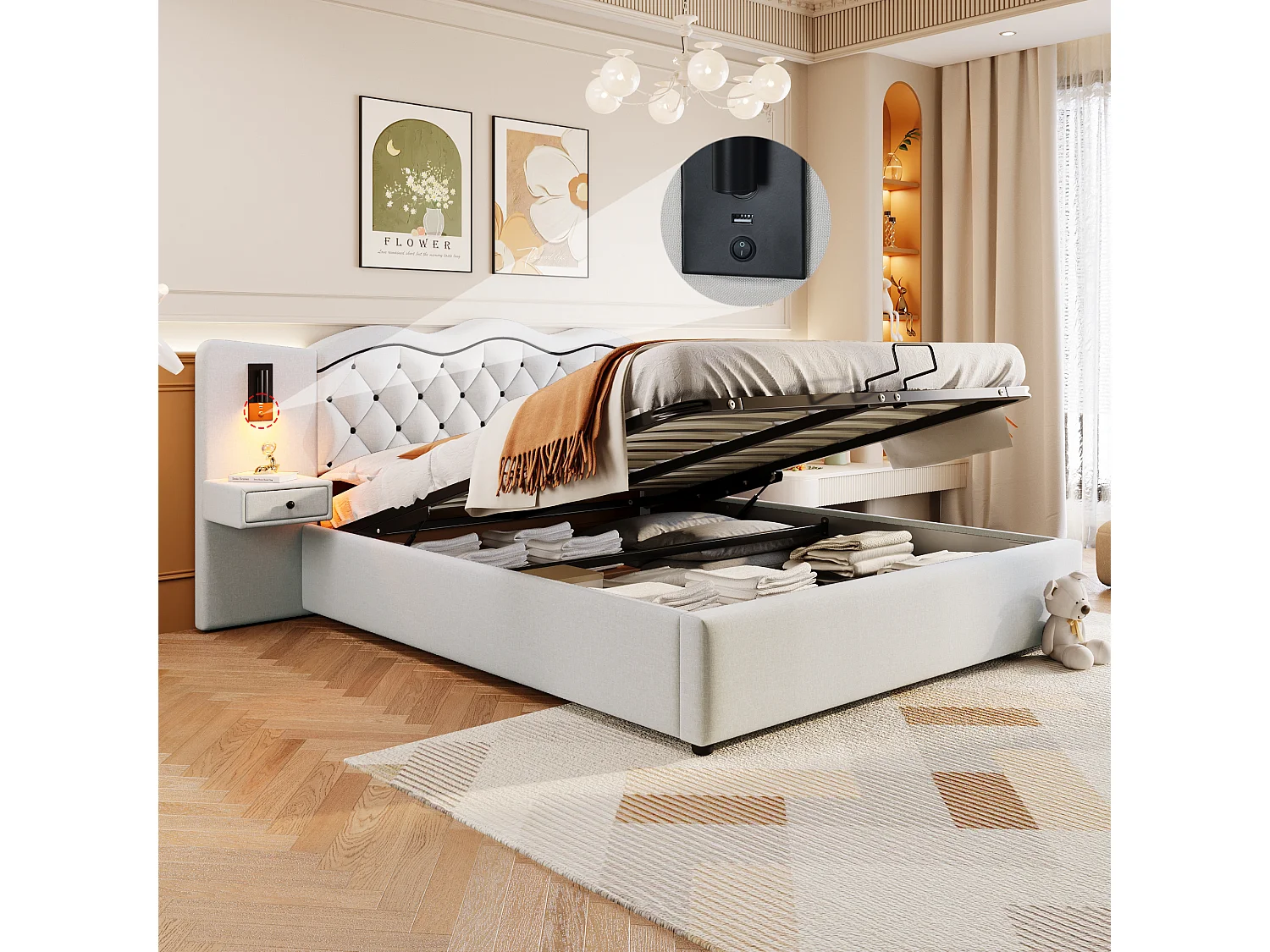 Lit capitonné 180x200 cm beige avec tête intégrée, levage hydraulique, ports USB, lampes et grand coffre