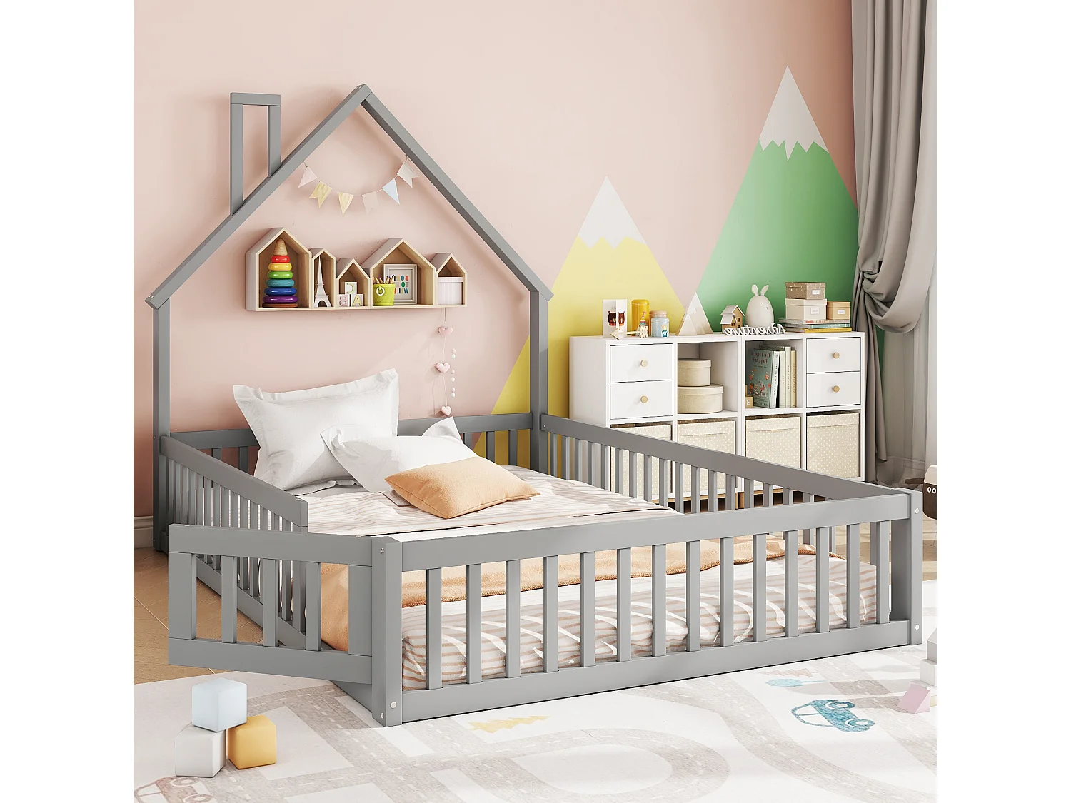 Lit rembourré 140x200 cm en pin gris avec sommier, style cabane cheminée, pour chambre d’enfant