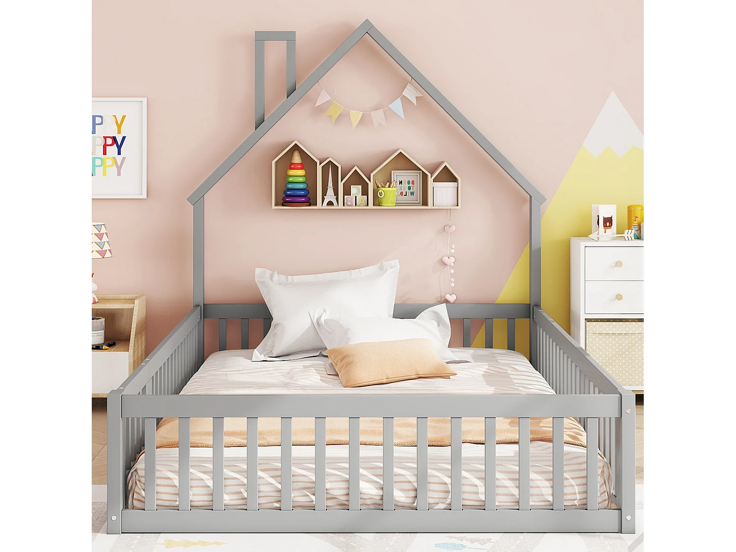 Lit rembourré 140x200 cm en pin gris avec sommier, style cabane cheminée, pour chambre d’enfant