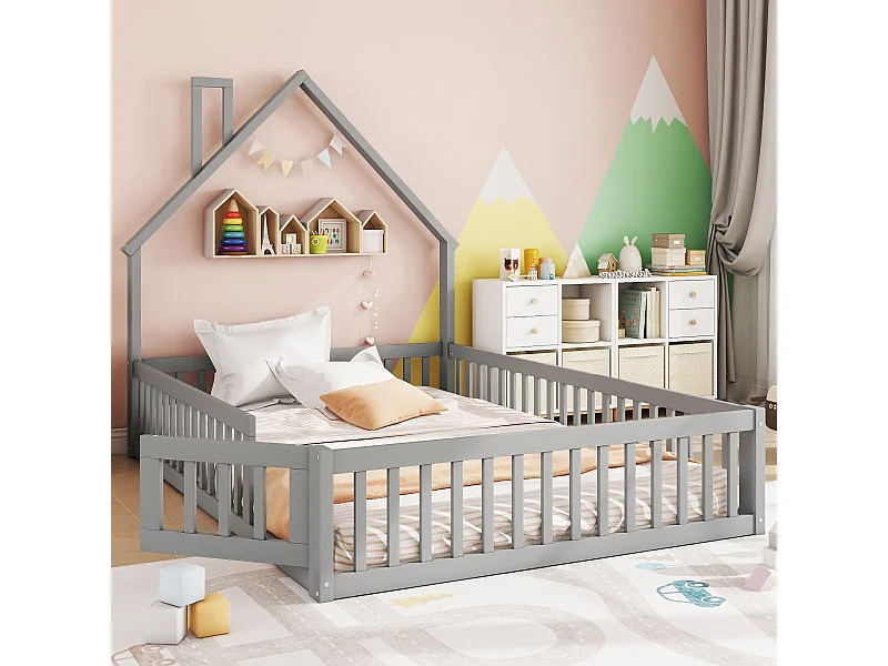 Lit rembourré 140x200 cm en pin gris avec sommier, style cabane cheminée, pour chambre d’enfant