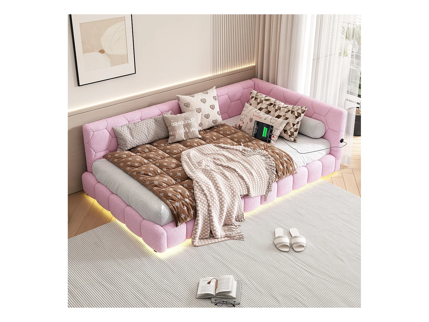 Lit banquette 90x200 cm rose avec sommier, éclairage LED, ports USB et Type-C, revêtement doux