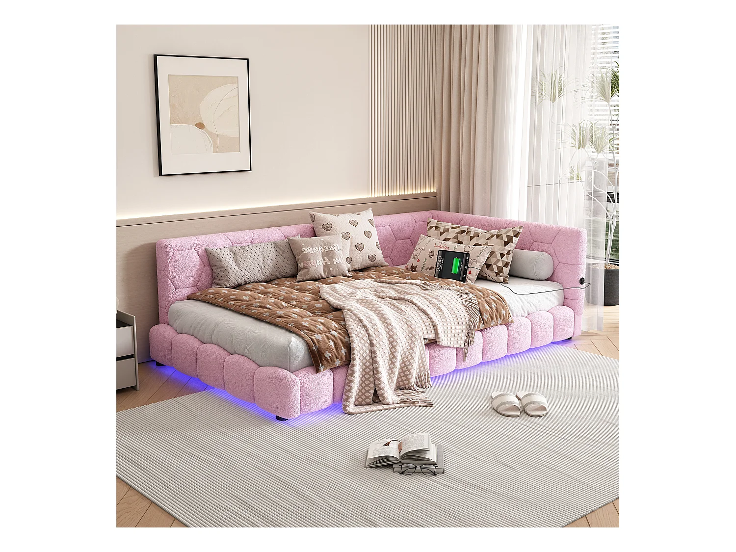 Lit banquette 90x200 cm rose avec sommier, éclairage LED, ports USB et Type-C, revêtement doux