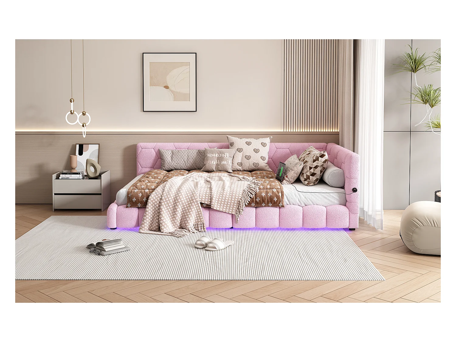 Lit banquette 90x200 cm rose avec sommier, éclairage LED, ports USB et Type-C, revêtement doux