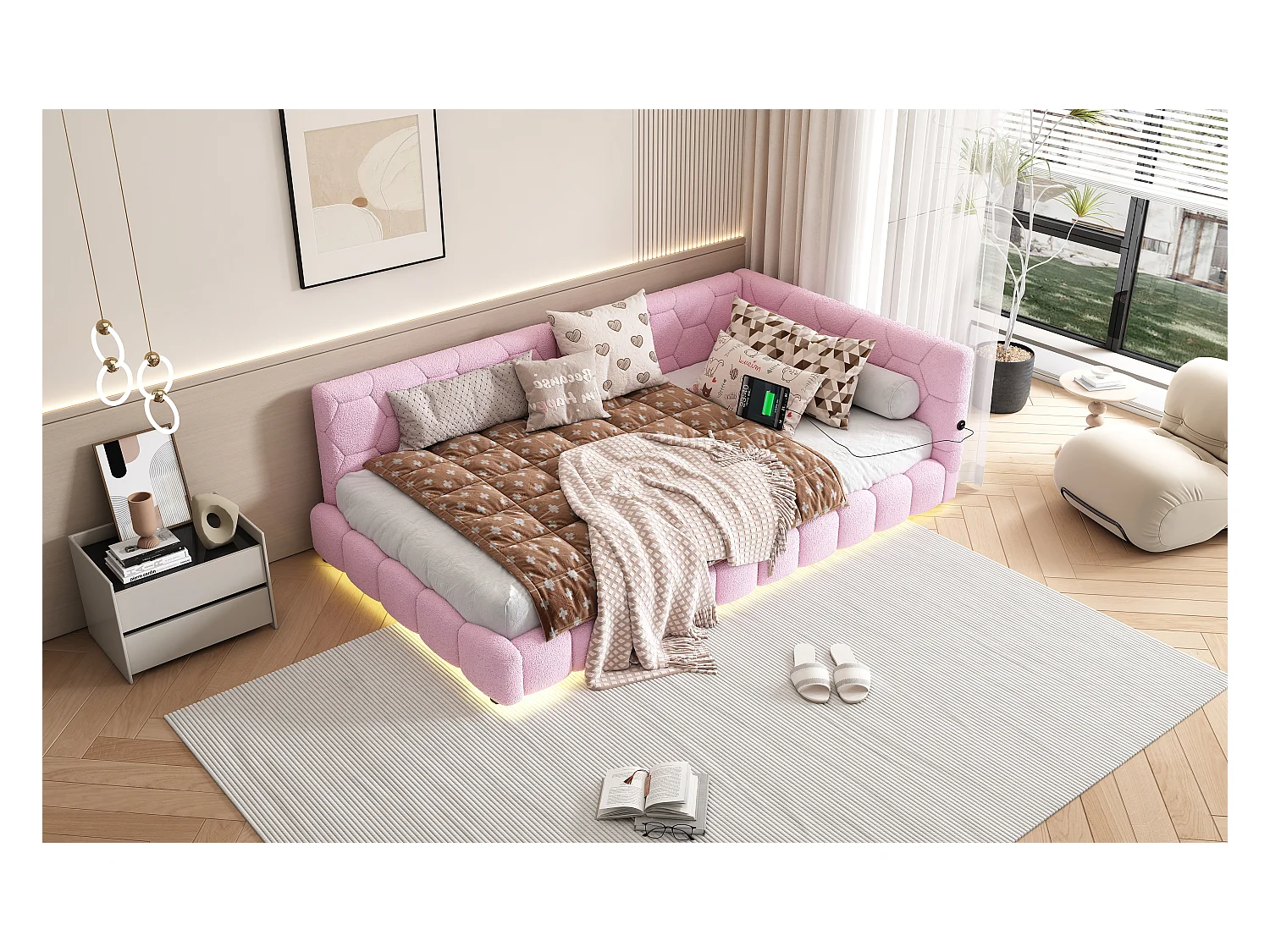 Lit banquette 90x200 cm rose avec sommier, éclairage LED, ports USB et Type-C, revêtement doux