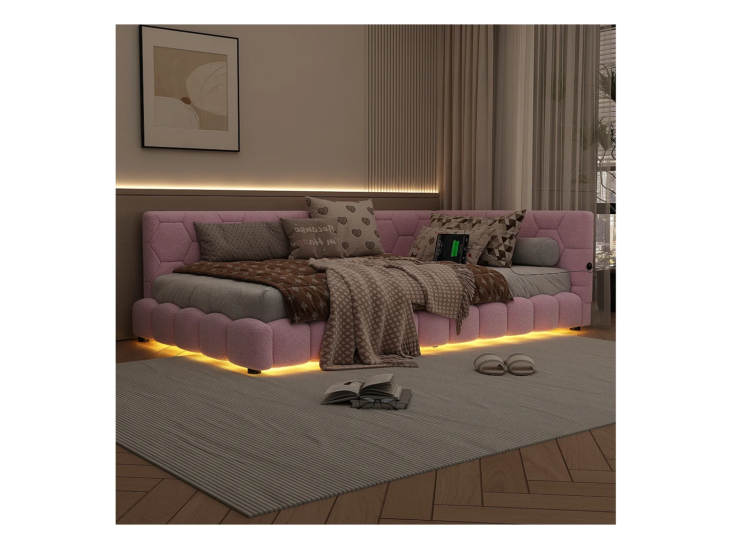 Lit banquette 90x200 cm rose avec sommier, éclairage LED, ports USB et Type-C, revêtement doux