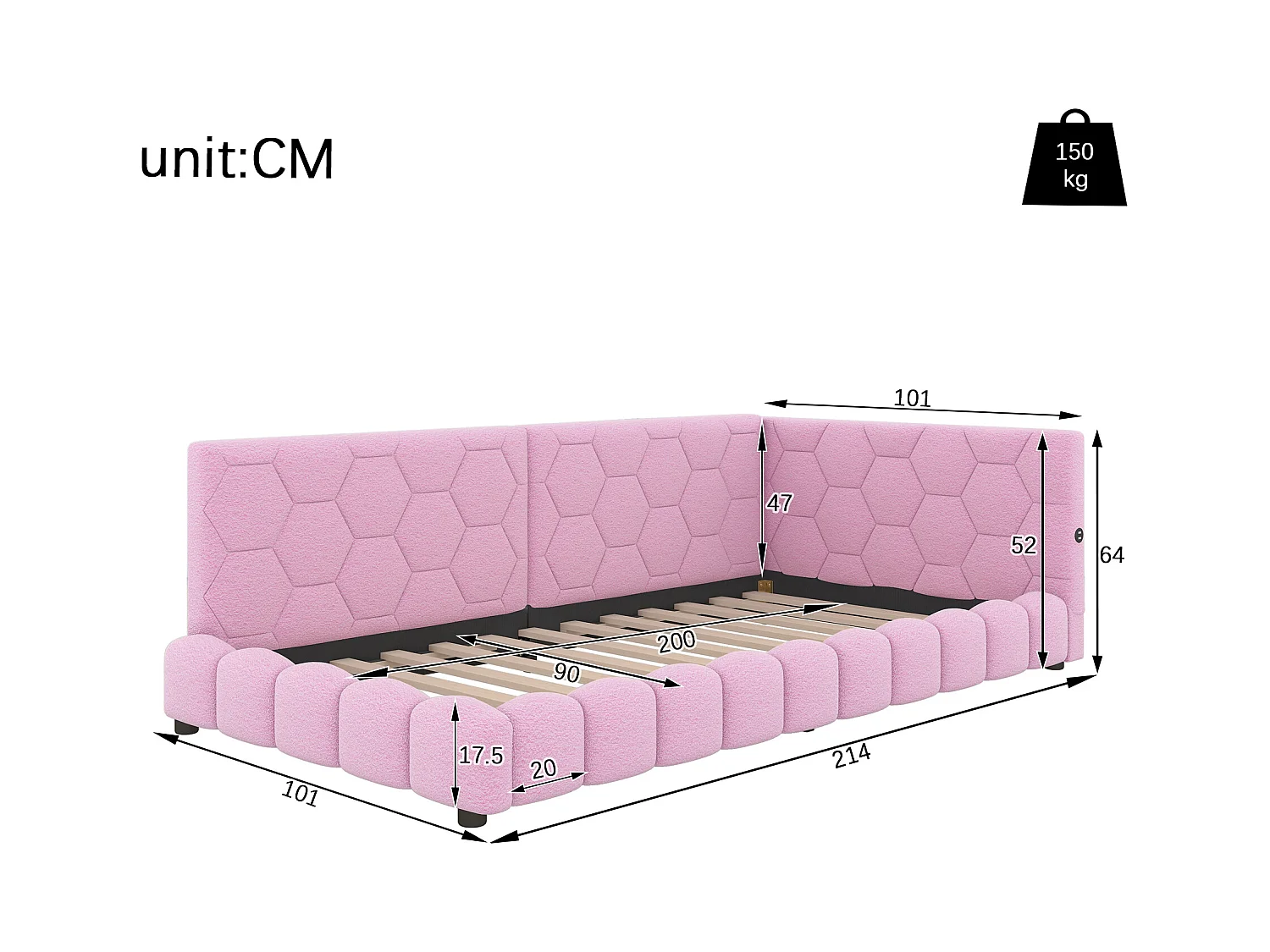 Lit banquette 90x200 cm rose avec sommier, éclairage LED, ports USB et Type-C, revêtement doux