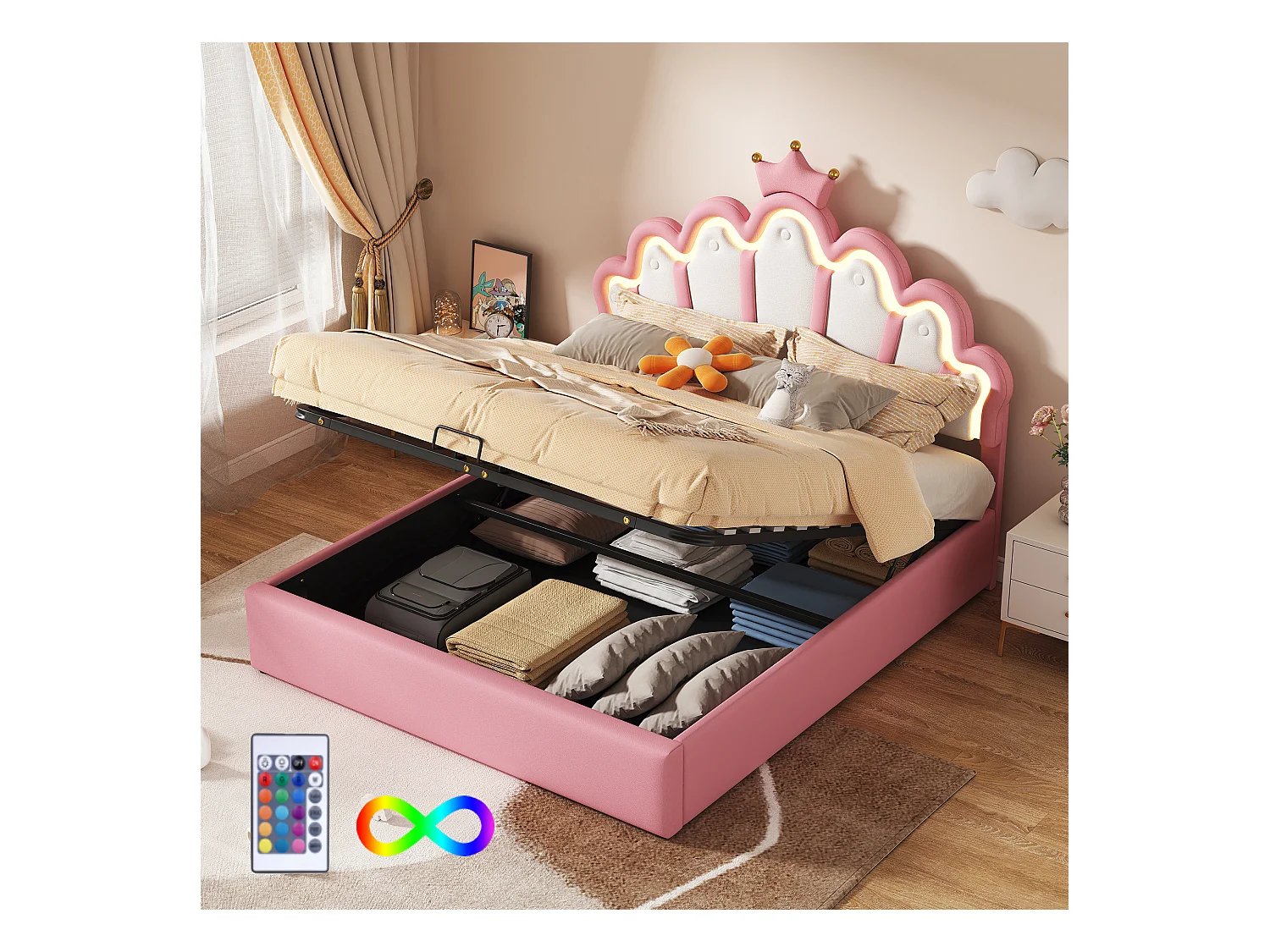 Lit double 140x200 cm, lit rembourré princesse, tête de lit avec bande lumineuse ajustable, couronne, Rose