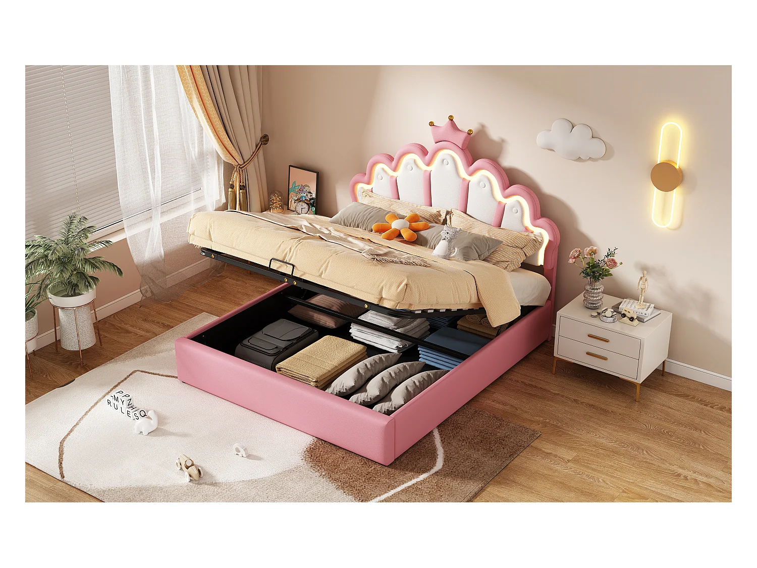 Lit double 140x200 cm, lit rembourré princesse, tête de lit avec bande lumineuse ajustable, couronne, Rose