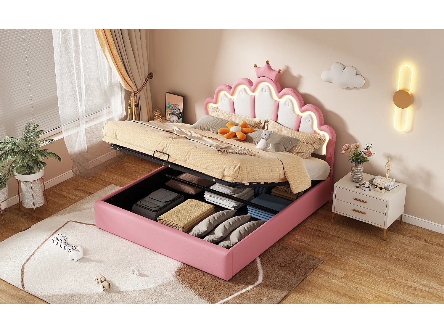 Lit double 140x200 cm, lit rembourré princesse, tête de lit avec bande lumineuse ajustable, couronne, Rose