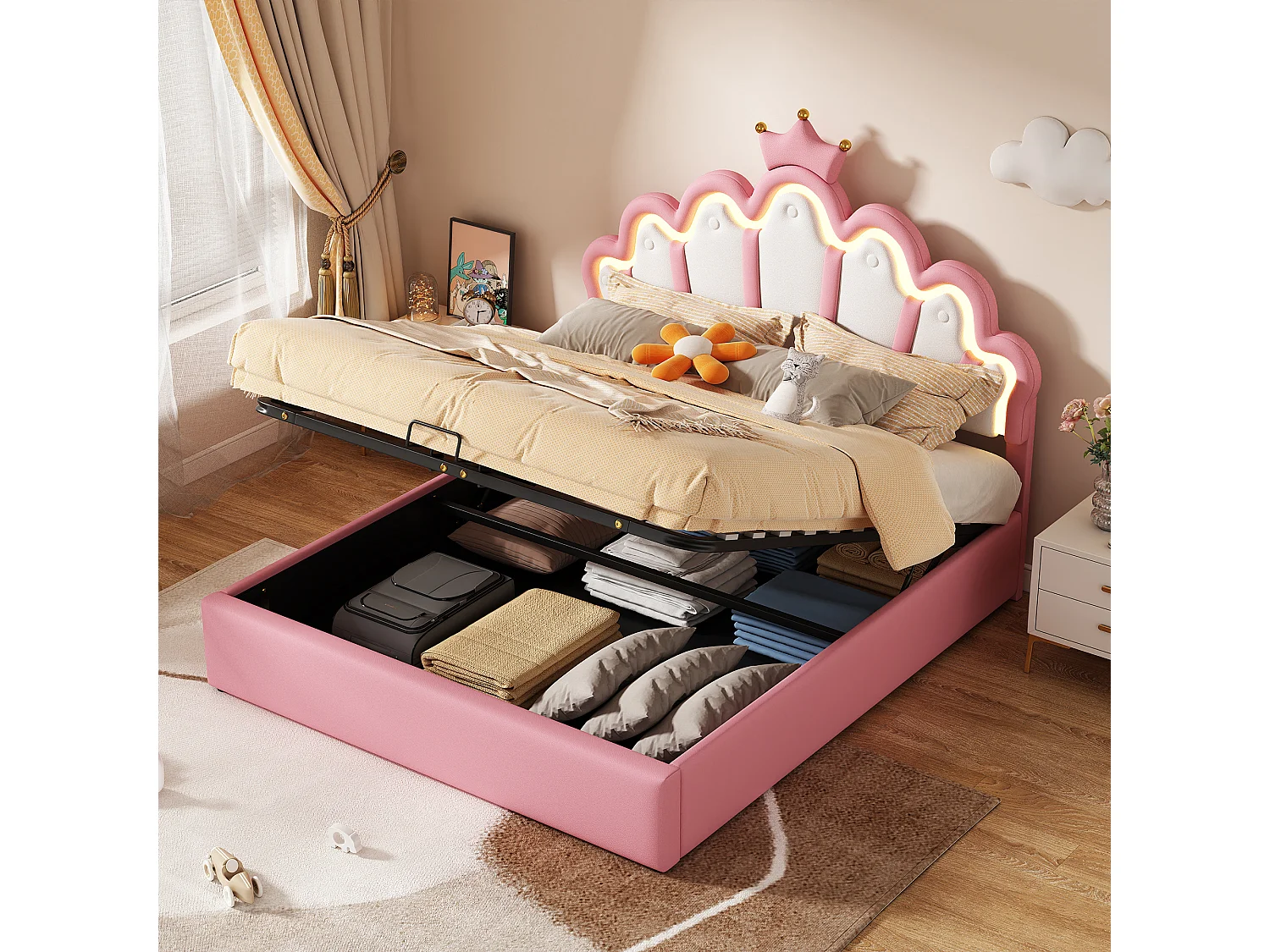 Lit double 140x200 cm, lit rembourré princesse, tête de lit avec bande lumineuse ajustable, couronne, Rose