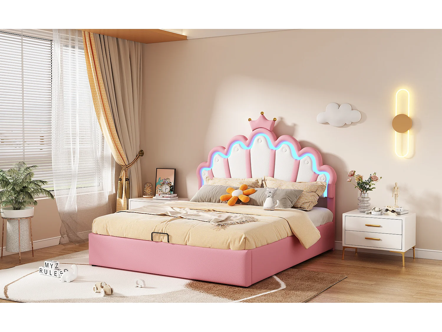 Lit double 140x200 cm, lit rembourré princesse, tête de lit avec bande lumineuse ajustable, couronne, Rose