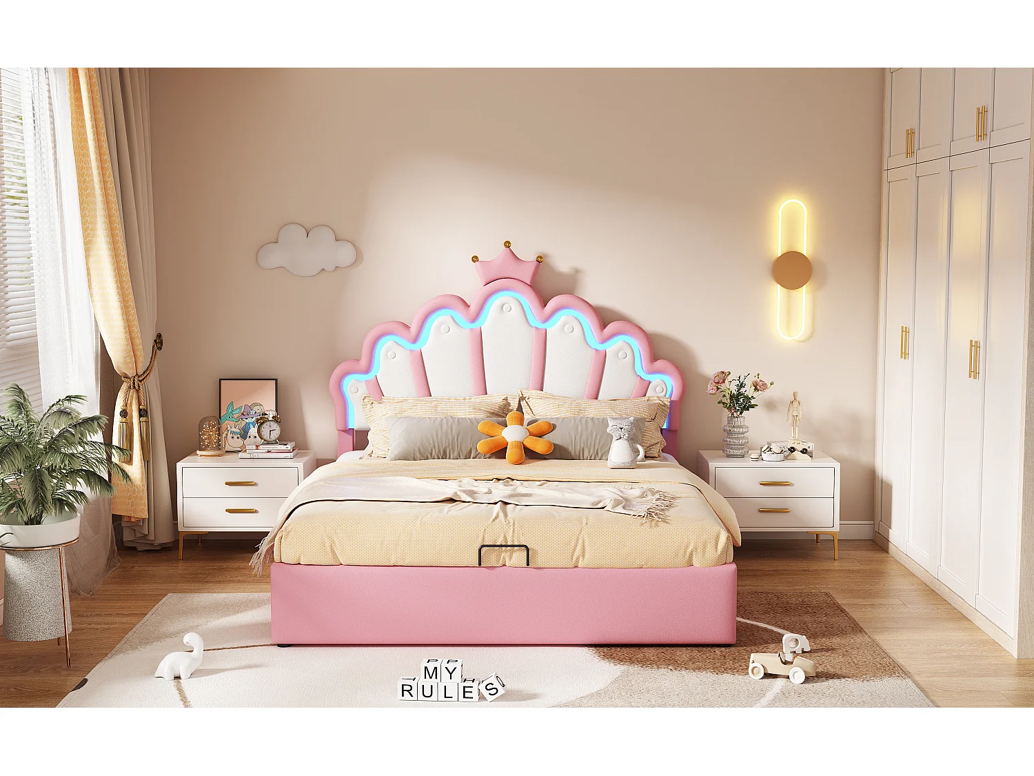 Lit double 140x200 cm, lit rembourré princesse, tête de lit avec bande lumineuse ajustable, couronne, Rose