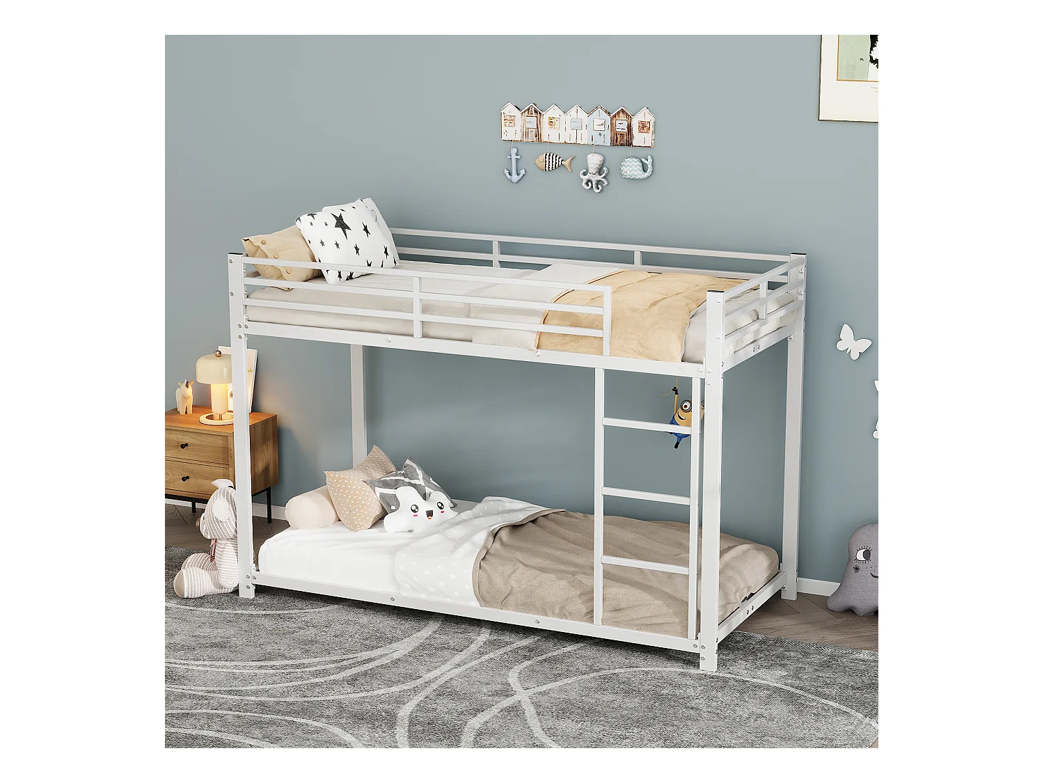 Lit superposé 90x200 cm, structure métal, lit classique pour enfants, adolescents et adultes, sécurité renforcée, Blanc