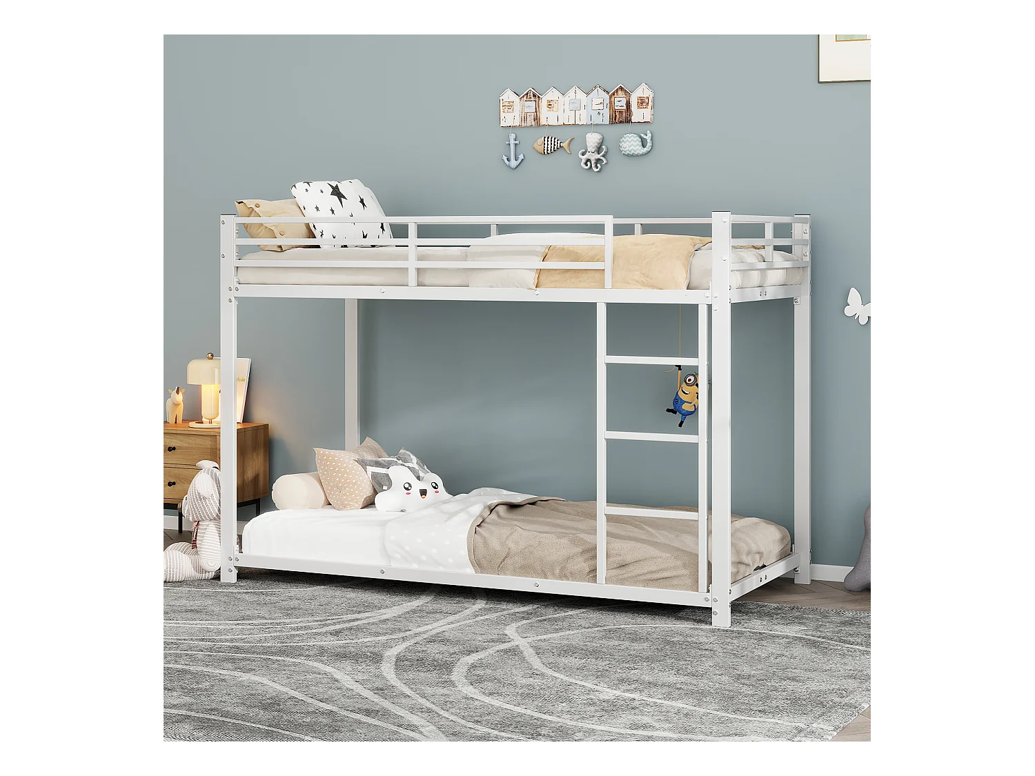 Lit superposé 90x200 cm, structure métal, lit classique pour enfants, adolescents et adultes, sécurité renforcée, Blanc