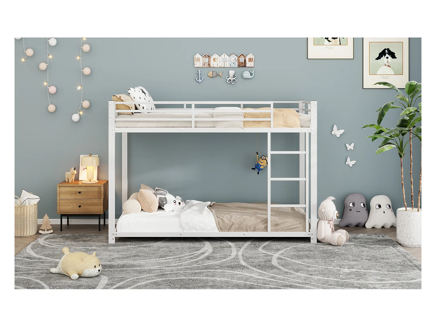 Lit superposé 90x200 cm, structure métal, lit classique pour enfants, adolescents et adultes, sécurité renforcée, Blanc