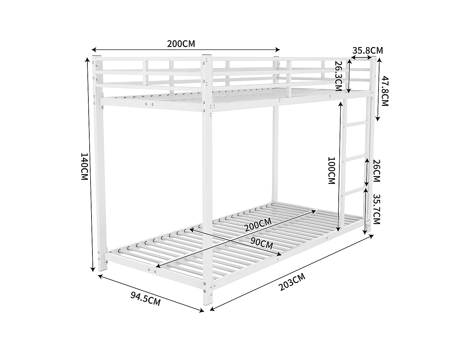 Lit superposé 90x200 cm, structure métal, lit classique pour enfants, adolescents et adultes, sécurité renforcée, Blanc