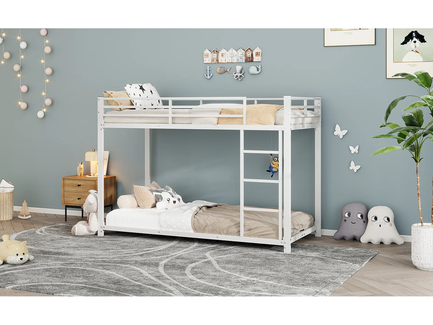 Lit superposé 90x200 cm, structure métal, lit classique pour enfants, adolescents et adultes, sécurité renforcée, Blanc