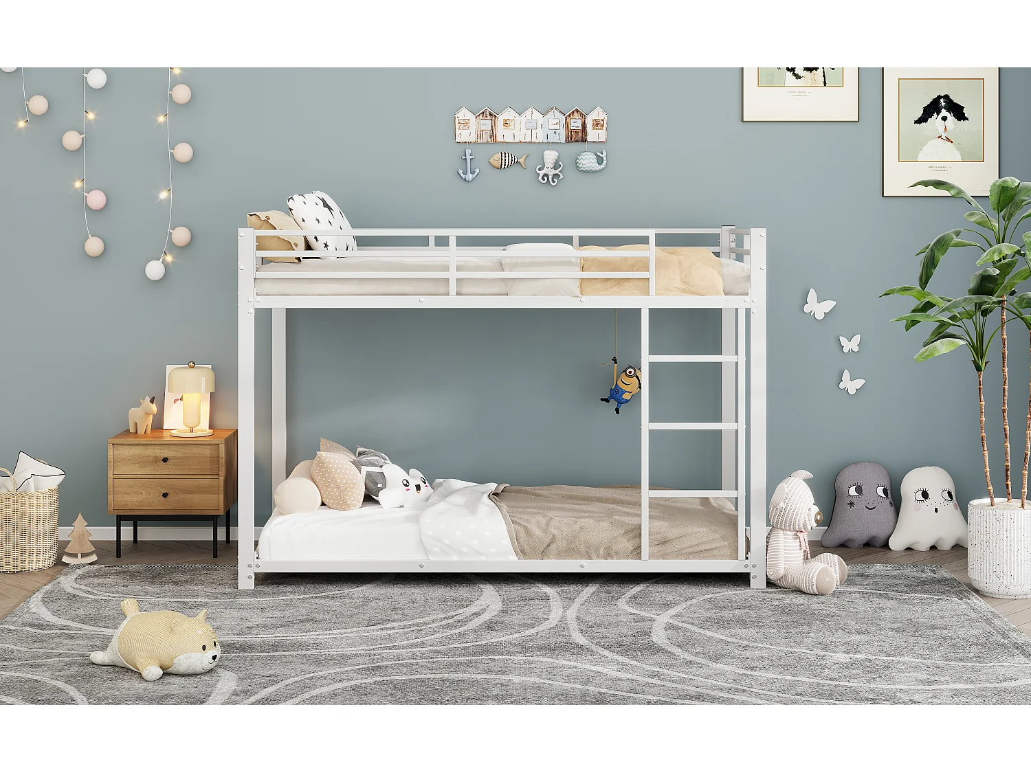 Lit superposé 90x200 cm, structure métal, lit classique pour enfants, adolescents et adultes, sécurité renforcée, Blanc