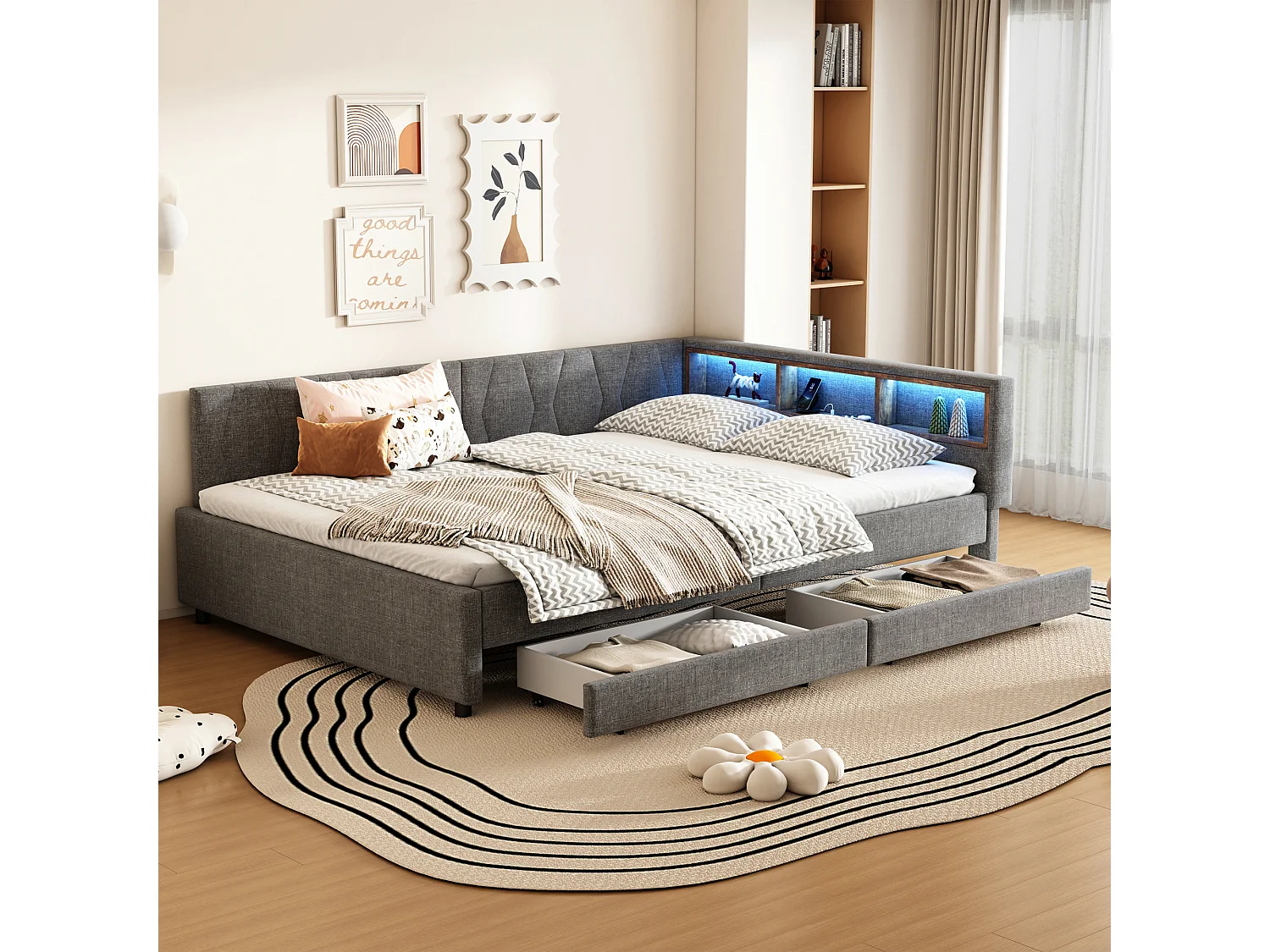 Lit banquette 140x200 cm gris avec LED, télécommande, ports USB et Type-C, deux tiroirs intégrés et espace fonctionnel