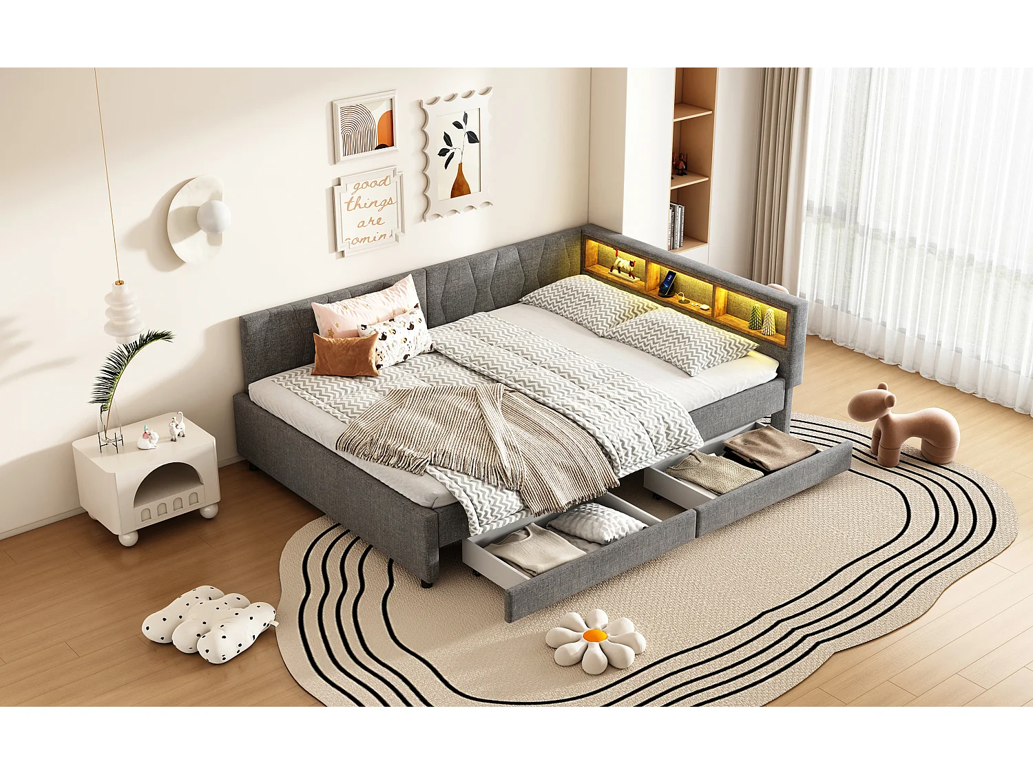 Lit banquette 140x200 cm gris avec LED, télécommande, ports USB et Type-C, deux tiroirs intégrés et espace fonctionnel