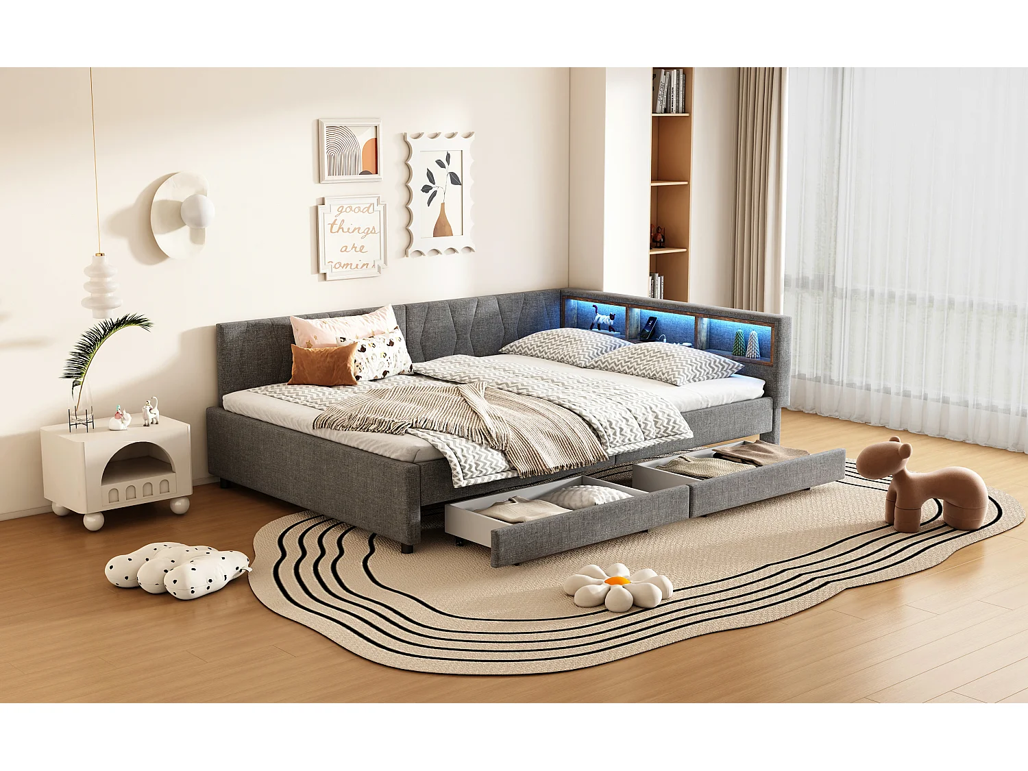 Lit banquette 140x200 cm gris avec LED, télécommande, ports USB et Type-C, deux tiroirs intégrés et espace fonctionnel