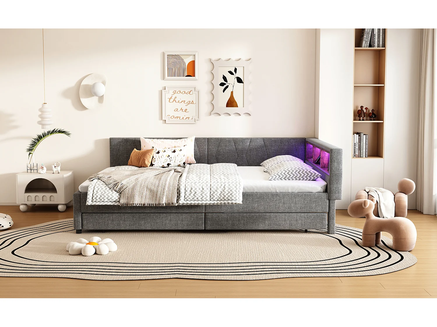 Lit banquette 140x200 cm gris avec LED, télécommande, ports USB et Type-C, deux tiroirs intégrés et espace fonctionnel