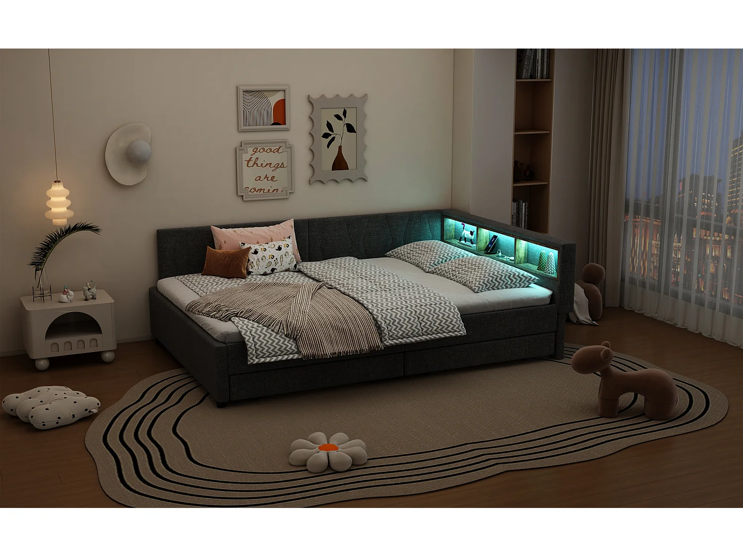Lit banquette 140x200 cm gris avec LED, télécommande, ports USB et Type-C, deux tiroirs intégrés et espace fonctionnel