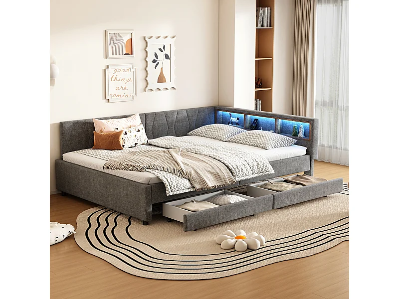 Lit banquette 140x200 cm gris avec LED, télécommande, ports USB et Type-C, deux tiroirs intégrés et espace fonctionnel