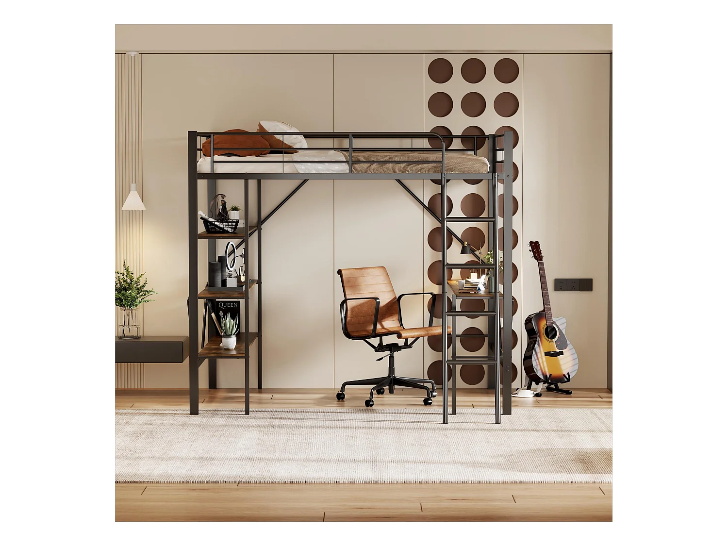 Lit mezzanine 90x200 cm noir en métal avec bureau et étagères, espace de travail pratique pour jeunes adultes