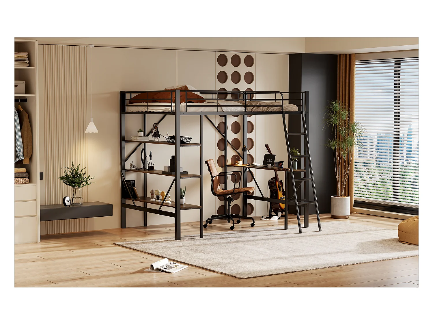 Lit mezzanine 90x200 cm noir en métal avec bureau et étagères, espace de travail pratique pour jeunes adultes